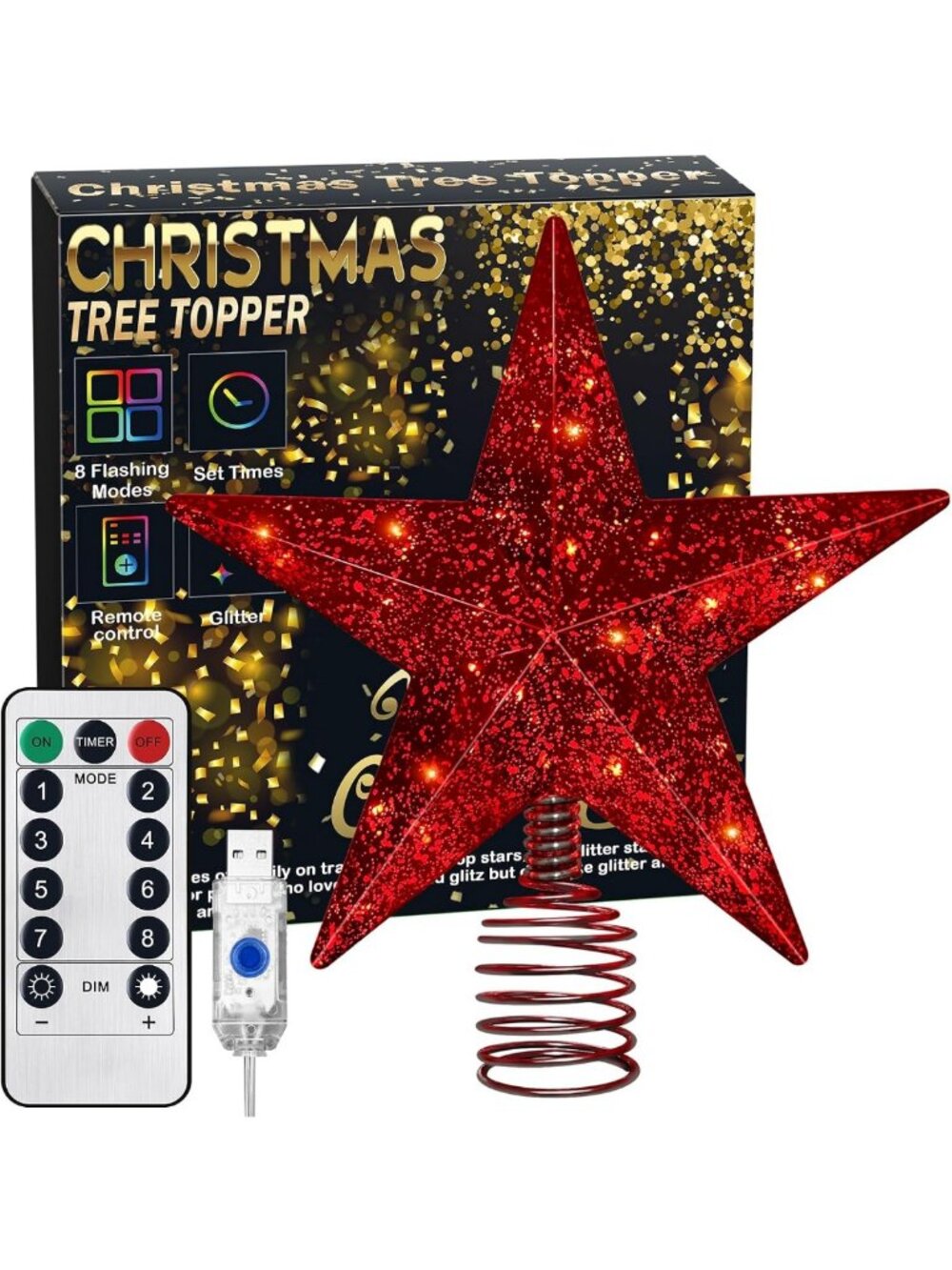 Light-Up Red Christmas Tree Star Topper with Remote, 8 Modes & 4 Brightness